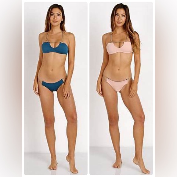 NWT (XS) KOA swim top teal gold London bikini top reversible pink racer back - Picture 13 of 14